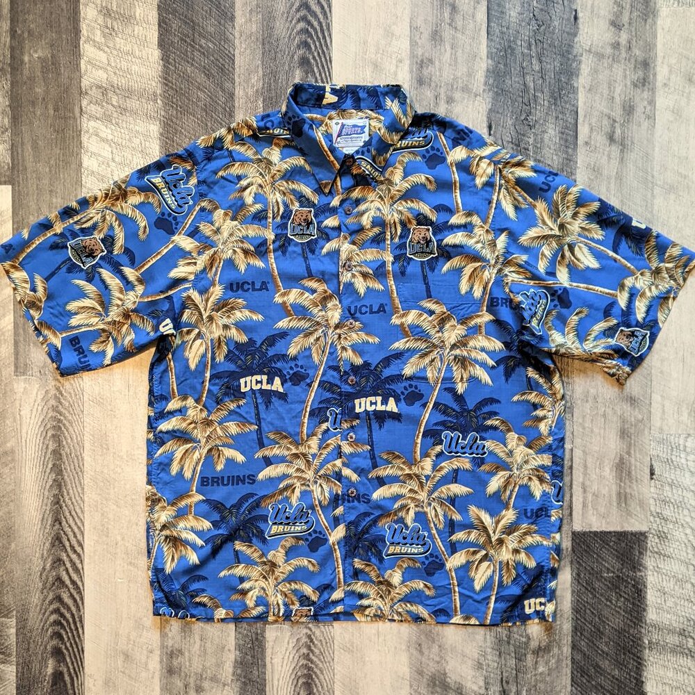 Reyn Spooner UCLA Bruins Shirt XL Rayon Blue Gold Palm Trees